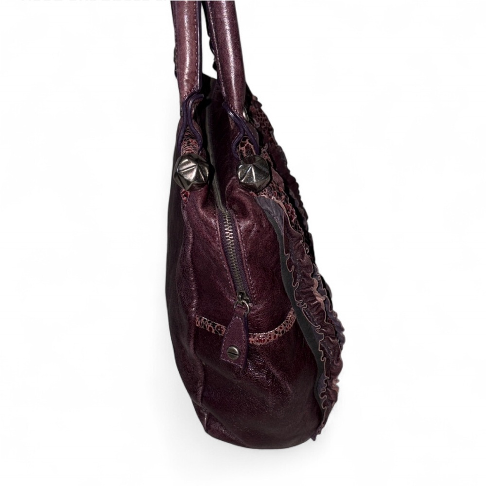Betsey Johnson Leather Ruffle Structurec Satchel Handbag in Deep Plum - Picture 4 of 13
